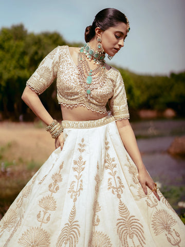 Ivory Gold Zari Embroidered Bridal Silk Lehenga Set - Diadem