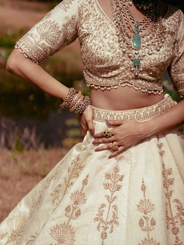 Ivory Gold Zari Embroidered Bridal Silk Lehenga Set - Diadem