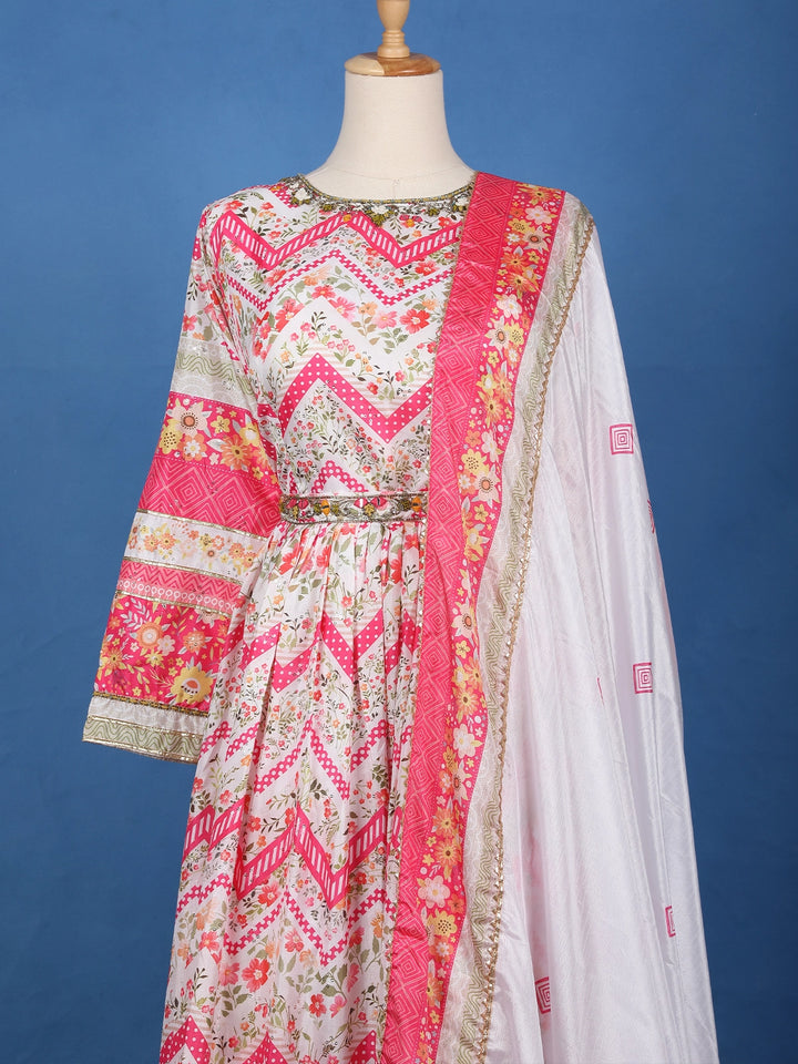 Ivory Multi-Floral Printed Anarkali Cotton Gown with Dupatta - Diadem