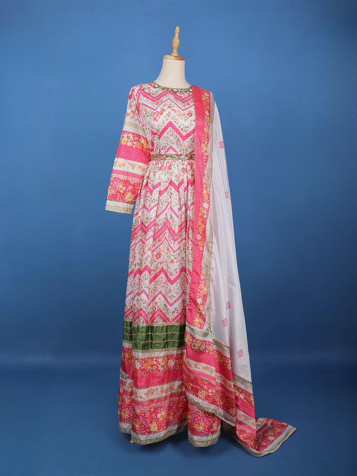 Ivory Multi-Floral Printed Anarkali Cotton Gown with Dupatta - Diadem