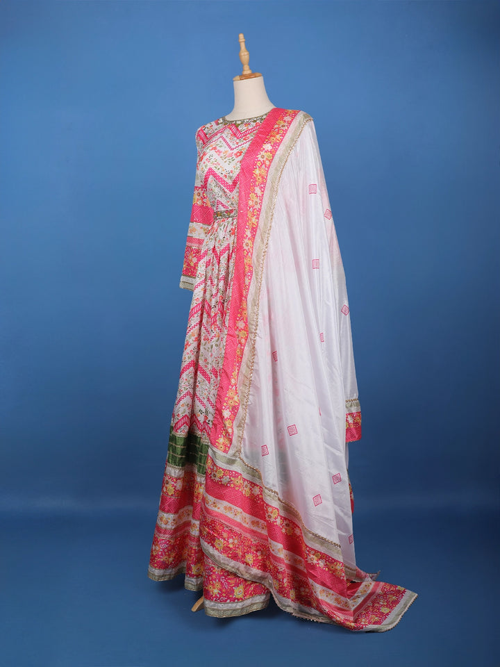 Ivory Multi-Floral Printed Anarkali Cotton Gown with Dupatta - Diadem