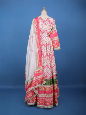 Ivory Multi-Floral Printed Anarkali Cotton Gown with Dupatta - Diadem