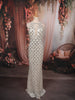 Ivory Silver Scallop Sequins Embroidered Design Sequins Fabric Party Wear Fish Cut Gown with Draped Beaded Neckline