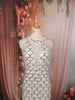 Ivory Silver Scallop Sequins Embroidered Design Sequins Fabric Party Wear Fish Cut Gown with Draped Beaded Neckline