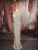 Ivory Silver Scallop Sequins Embroidered Design Sequins Fabric Party Wear Fish Cut Gown with Draped Beaded Neckline
