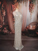Ivory Silver Scallop Sequins Embroidered Design Sequins Fabric Party Wear Fish Cut Gown with Draped Beaded Neckline