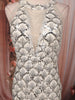Ivory Silver Scallop Sequins Embroidered Design Sequins Fabric Party Wear Fish Cut Gown with Draped Beaded Neckline