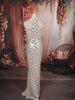 Ivory Silver Scallop Sequins Embroidered Design Sequins Fabric Party Wear Fish Cut Gown with Draped Beaded Neckline