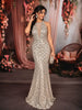 Ivory Silver Scallop Sequins Embroidered Design Sequins Fabric Party Wear Fish Cut Gown with Draped Beaded Neckline