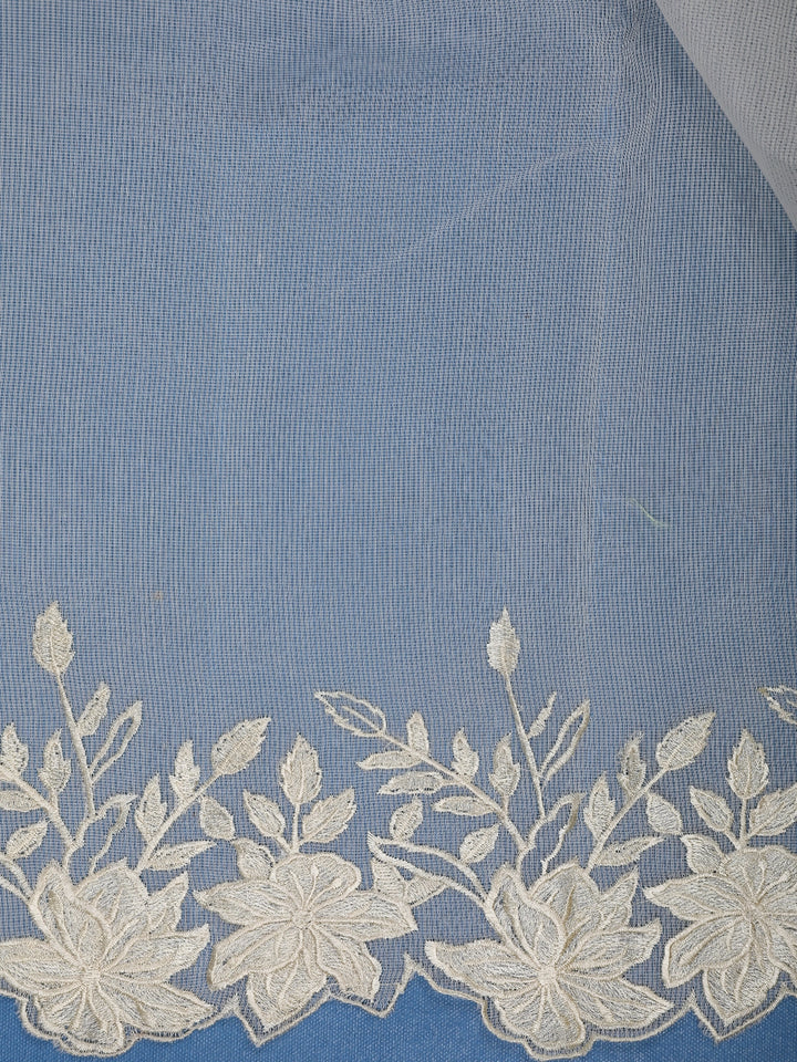 Ivory Solid Design Tissue Saree With Scalloped Floral Embroidered Border - Diadem