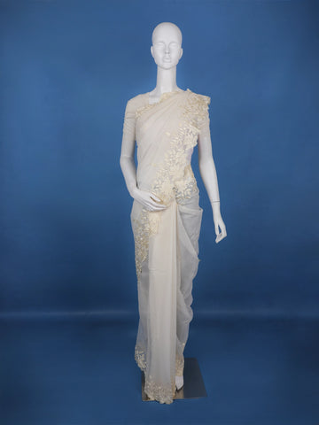 Ivory Solid Design Tissue Saree With Scalloped Floral Embroidered Border - Diadem