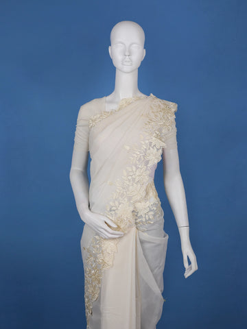Ivory Solid Design Tissue Saree With Scalloped Floral Embroidered Border - Diadem