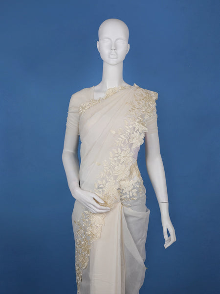 Ivory Solid Design Tissue Saree With Scalloped Floral Embroidered Border - Diadem