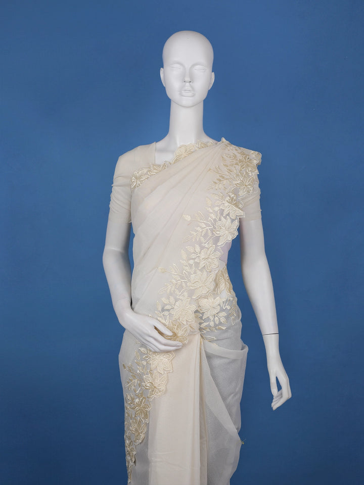 Ivory Solid Design Tissue Saree With Scalloped Floral Embroidered Border - Diadem