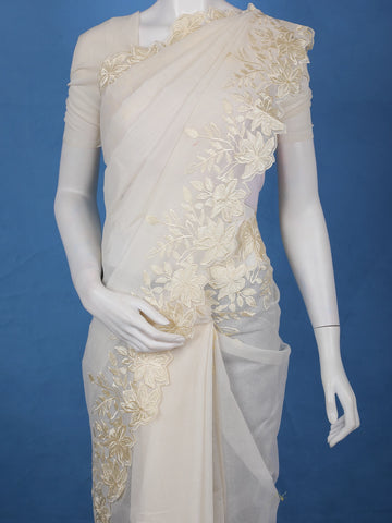Ivory Solid Design Tissue Saree With Scalloped Floral Embroidered Border - Diadem