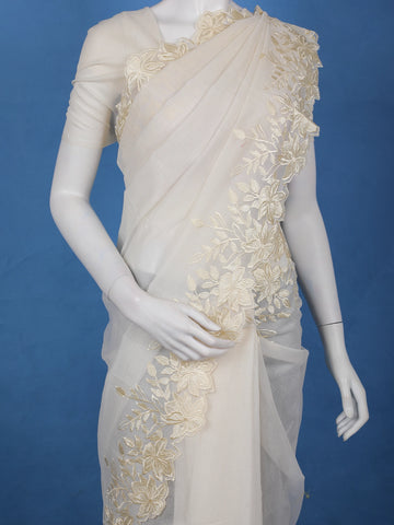 Ivory Solid Design Tissue Saree With Scalloped Floral Embroidered Border - Diadem