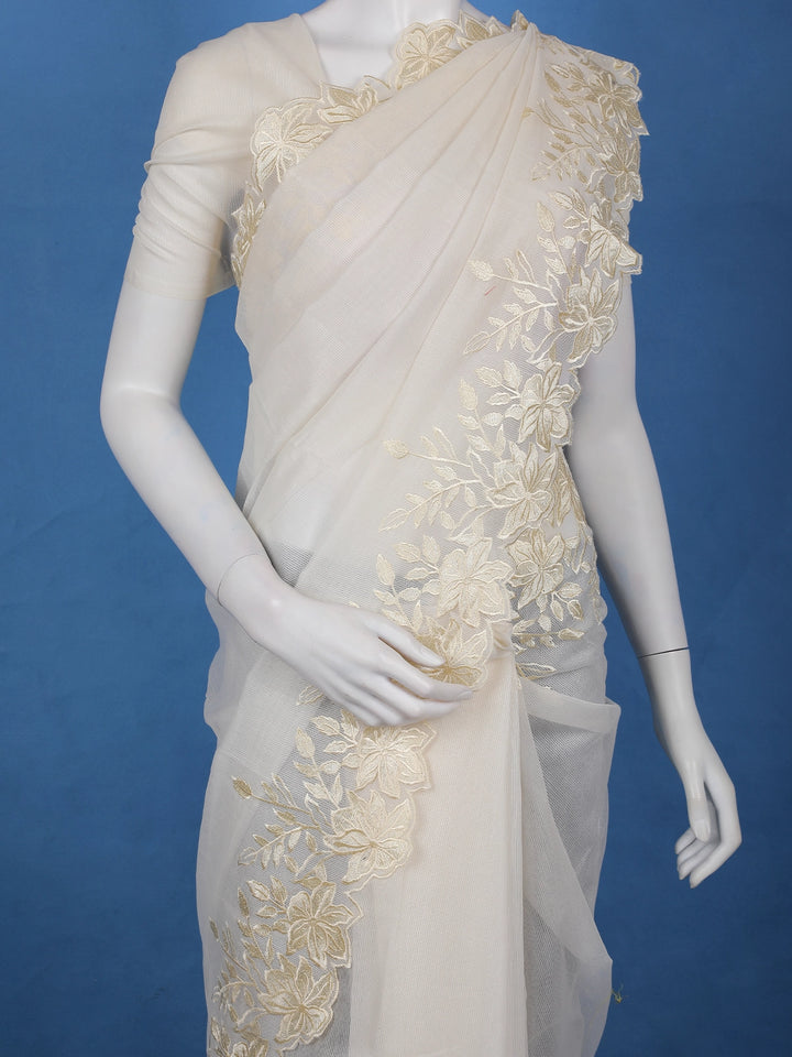Ivory Solid Design Tissue Saree With Scalloped Floral Embroidered Border - Diadem