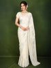 Ivory White Floral Abstract Stone Embellished Design Pure Satin Party Wear Saree with Scalloped Border