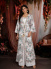 Ivory White Floral Printed Design Chiffon Palazzo Suit with Long Over Coat