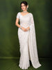 Ivory White Floral Vine Thread Embroidered Design Georgette Party Wear Saree with Scalloped Border