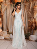 Ivory White Iridescent Sequins Embroidered Design Fish Cut Sequins Fabric Party Wear Gown with Cape Sleeve