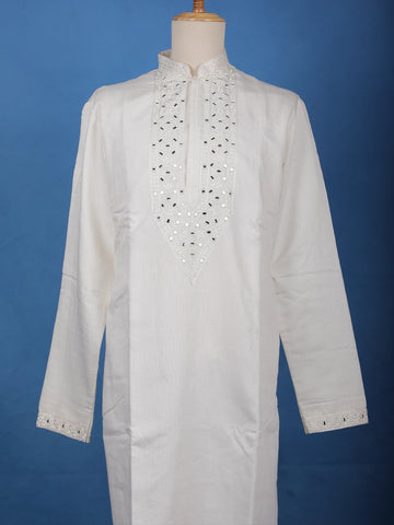 Ivory White Mirror Work Cotton Kurta for Men - Diadem