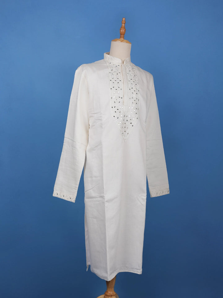 Ivory White Mirror Work Cotton Kurta for Men - Diadem