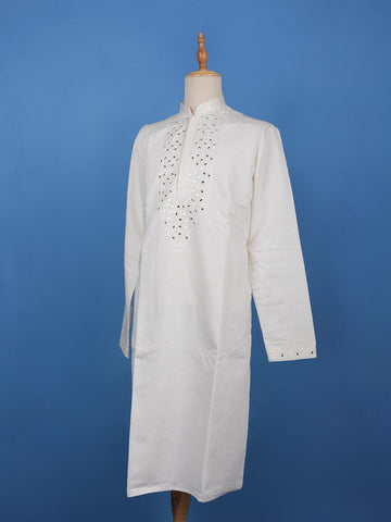 Ivory White Mirror Work Cotton Kurta for Men - Diadem