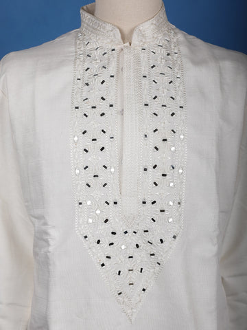 Ivory White Mirror Work Cotton Kurta for Men - Diadem