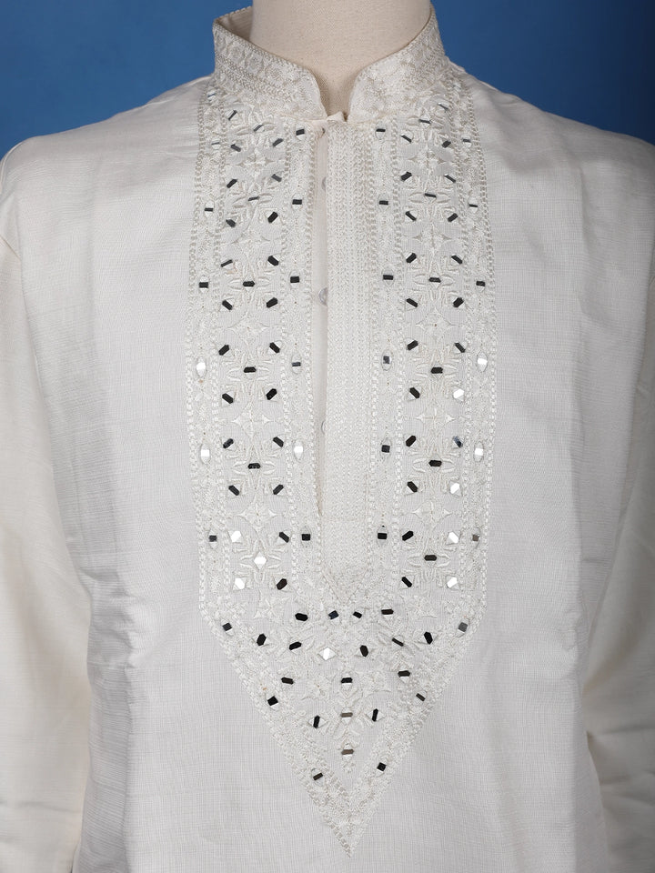 Ivory White Mirror Work Cotton Kurta for Men - Diadem