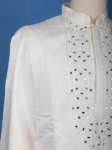 Ivory White Mirror Work Cotton Kurta for Men - Diadem