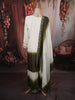 Ivory White & Deep Olive Green Heavy Zari Embroidered Design Palazzo Suit with Matching Ombre Dupatta