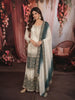 Ivory White & Deep Teal Green Heavy Zari Embroidered Design Palazzo Suit with Matching Ombre Dupatta