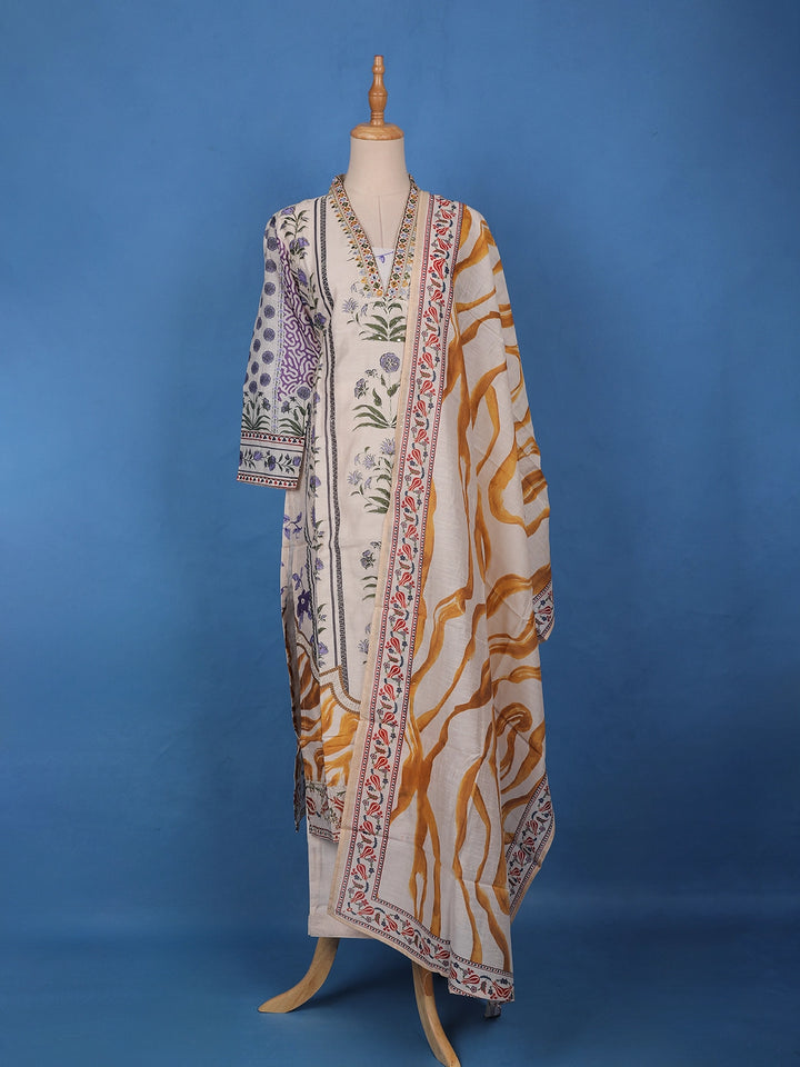Ivory Base Floral Printed Cotton Salwar Suit - Diadem
