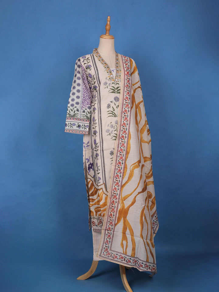 Ivory Base Floral Printed Cotton Salwar Suit - Diadem