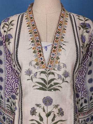 Ivory Base Floral Printed Cotton Salwar Suit - Diadem