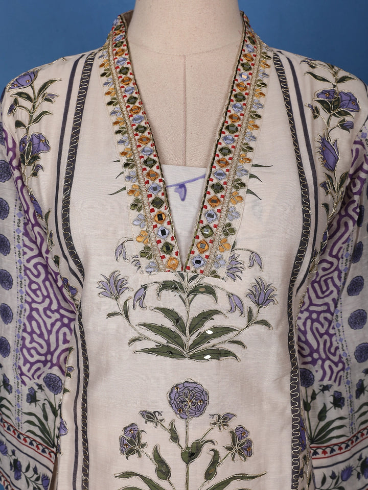 Ivory Base Floral Printed Cotton Salwar Suit - Diadem