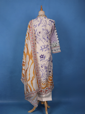 Ivory Base Floral Printed Cotton Salwar Suit - Diadem