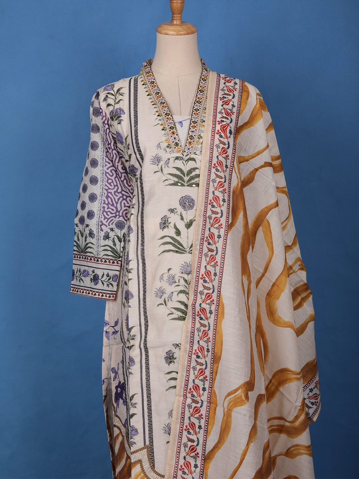 Ivory Base Floral Printed Cotton Salwar Suit - Diadem