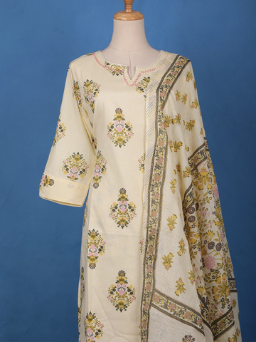 Ivory Floral Design Printed Cotton Salwar Suit - Diadem