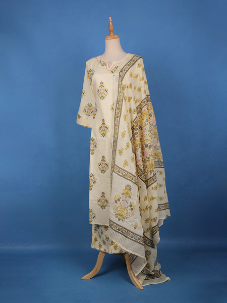 Ivory Floral Design Printed Cotton Salwar Suit - Diadem