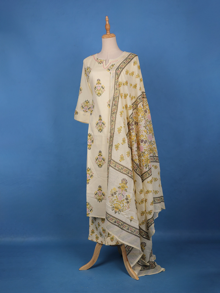 Ivory Floral Design Printed Cotton Salwar Suit - Diadem