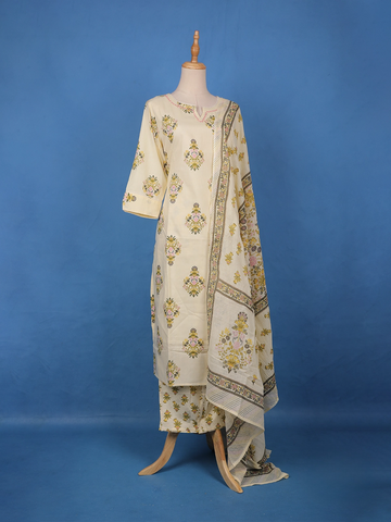 Ivory Floral Design Printed Cotton Salwar Suit - Diadem