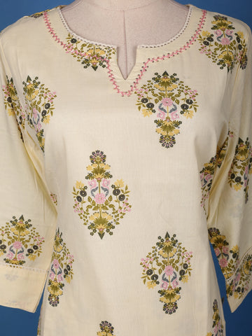 Ivory Floral Design Printed Cotton Salwar Suit - Diadem