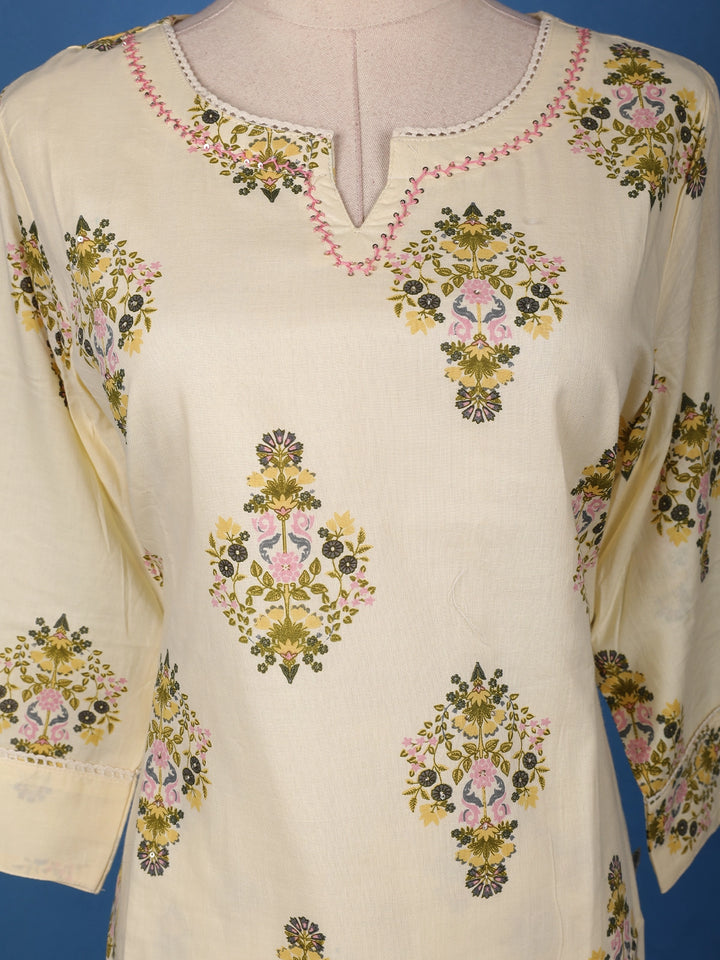 Ivory Floral Design Printed Cotton Salwar Suit - Diadem