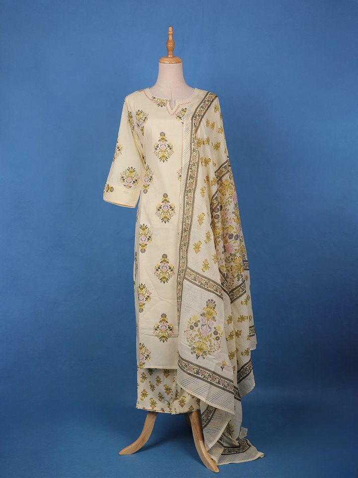 Ivory Floral Design Printed Cotton Salwar Suit - Diadem