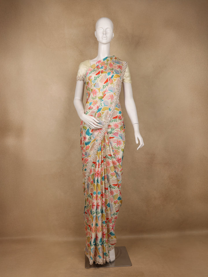 Ivory Floral Design Satin Saree - Diadem
