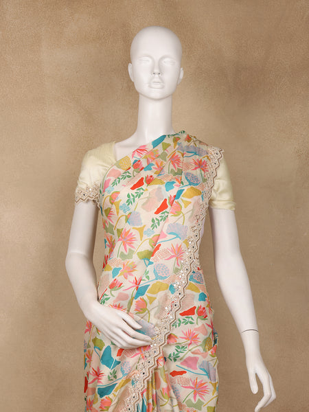 Ivory Floral Design Satin Saree - Diadem