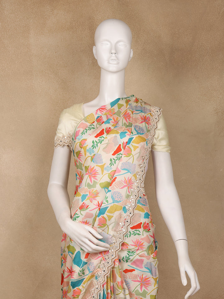 Ivory Floral Design Satin Saree - Diadem