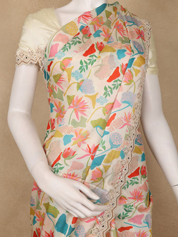 Ivory Floral Design Satin Saree - Diadem